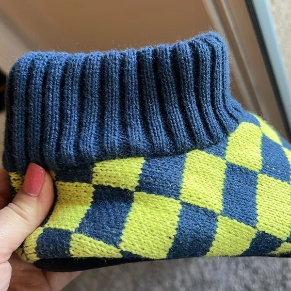 NWT Free People Sleepover Bootie Slippers checker blue/yellow, faux fur interior - Image 13