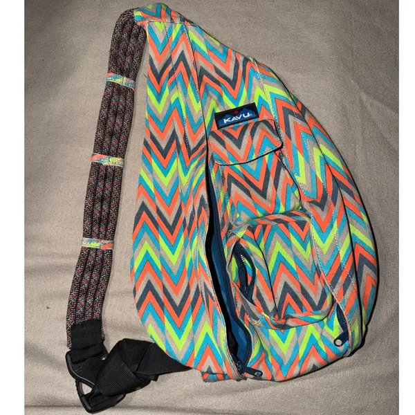 KAVU Rope Bag Neon Chevron Zigzag Canvas Sling Crossbody Backpack Grey Blue - Image 2