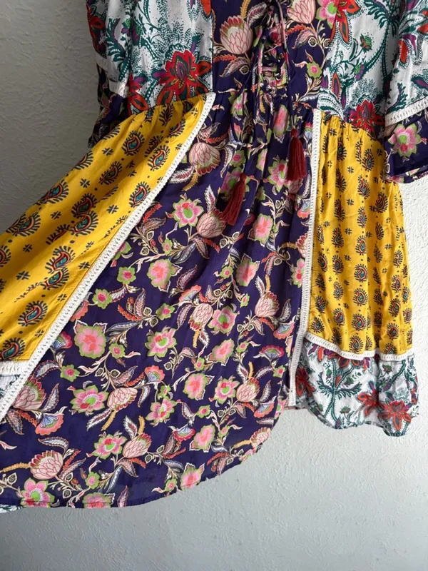 Anthropologie Lilka Patchwork Boho Mini Dress XS Floral Peasant Festival - Image 4