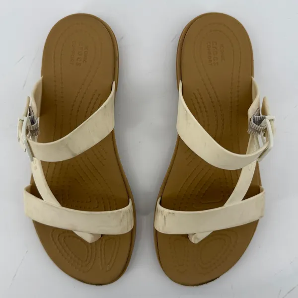 Crocs Tulum Toe Post Toe Sandal White Tan Women 6 Strappy Slip On Flip Flop - Image 4