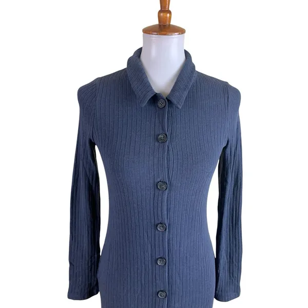 Madewell‎ Ribbed Knit Button Front Midi Dress Long Sleeve Blue Small - Image 2