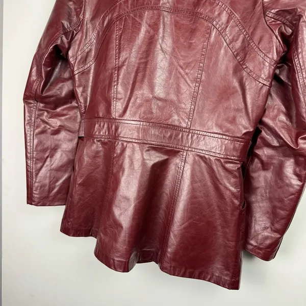 Vintage Leather Rabbitt Fur Trim Trench Tie Jacket Sz 5/6 Maroon Y2K Mob Wife - Image 15