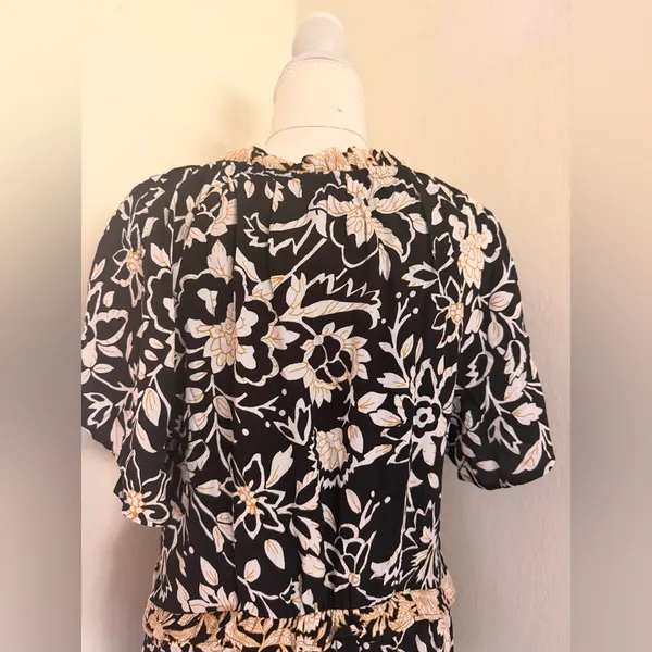 Anthropologie Black Floral Mini Dress with Beige Trim - Image 10