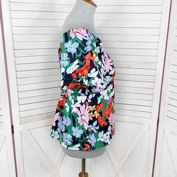Old Navy Floral Puff Sleeve Peplum Flared Hem V‎ Neck Top Shirt Blue Multi Small - Image 4