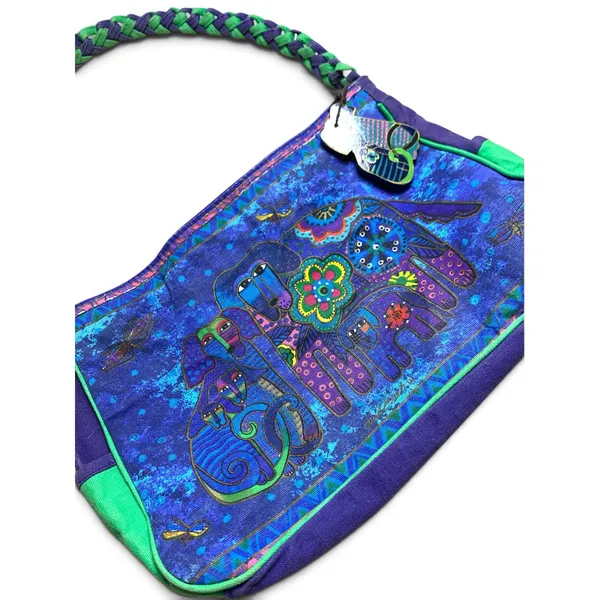 Laurel Burch Shoulder Bag Cats Dogs Purple Green Canvas Art Purse Vintage - Image 13