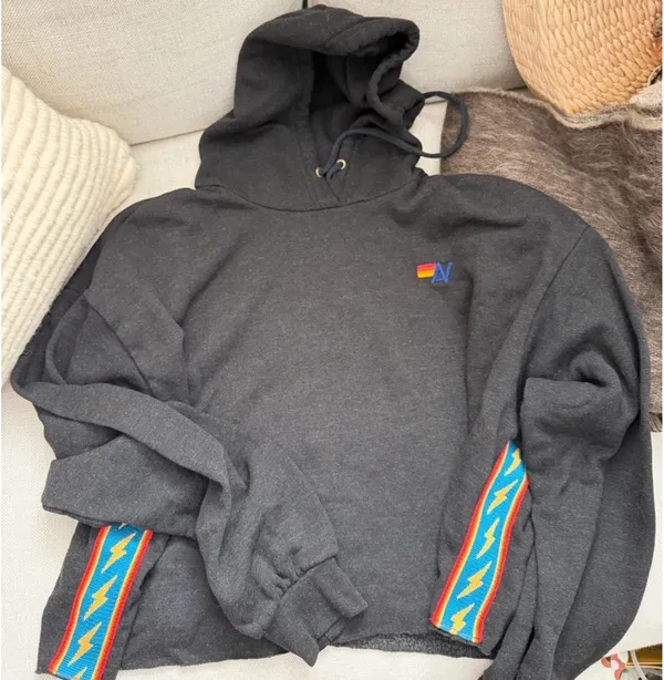 Aviator Nation Black Hoodie with Colorful Side Stripes - Image 2