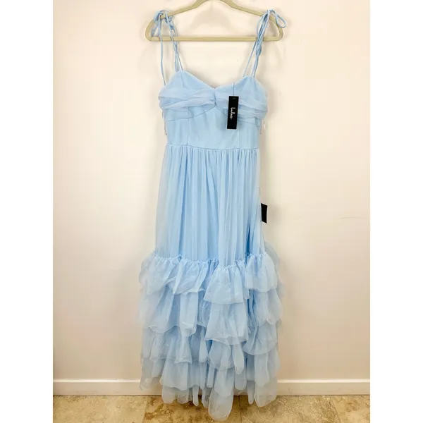 Lulus Endlessly Darling Light Blue Mesh Tiered Tie-Strap Maxi Dress Large NWT - Image 5