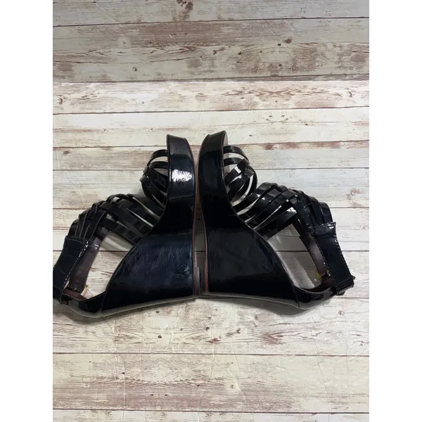 Tory Burch Annamarte Platform Wedge Sandals Size 6.5 Black Patent Leather Gold - Image 7