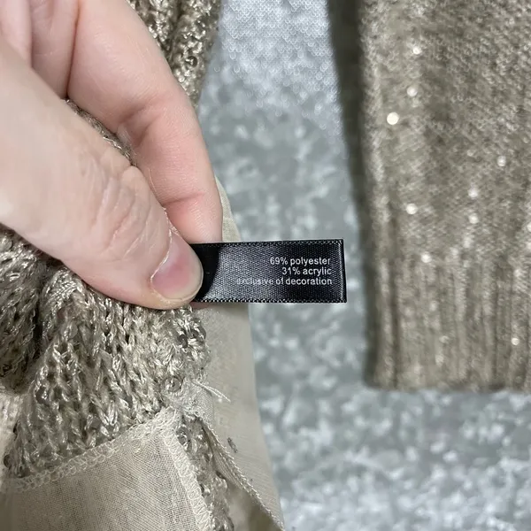 The Limited Beige Sequin Chiffon Hem Open Knit Sweater - Size Small - V-Neck - Image 5