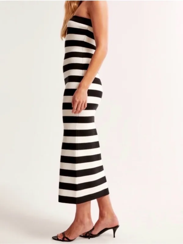 Abercrombie & Fitch Black and White Cream Strapless Striped Midi Dress Knit - Image 2