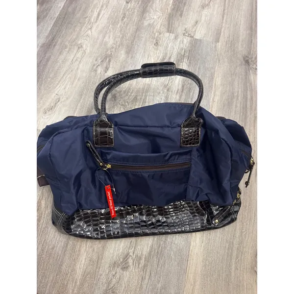 Samantha Brown Navy Brown Croc Embossed Drop Bottom Weekender‎ Travel Bag NEW - Image 6