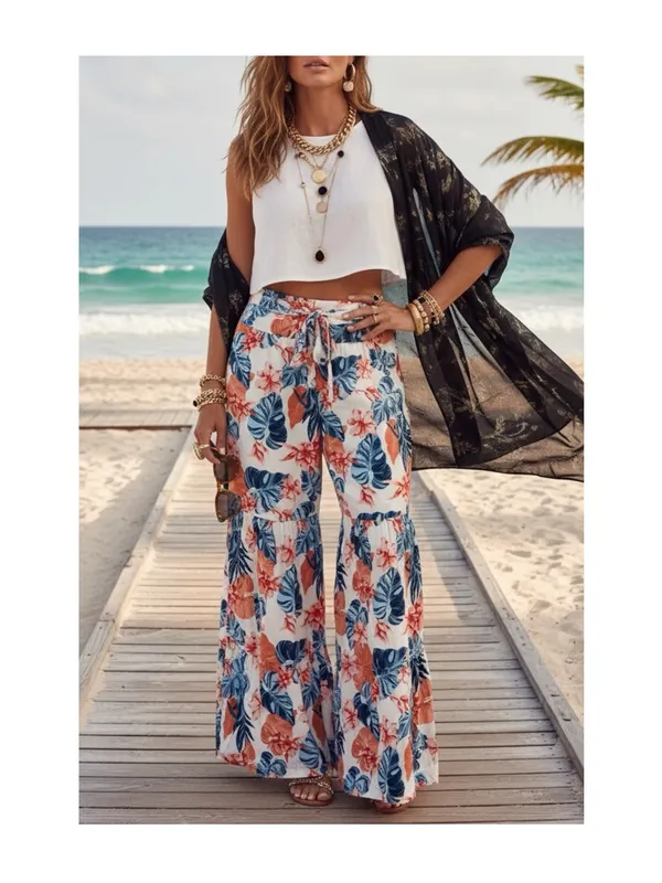 Roxy ✿ Saturated Floral Print Wide Leg Beach Pants ✿ Red White + Blue ✿ Small - Image 2