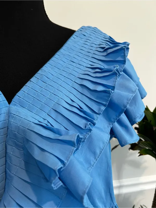 entro Sky Blue Pleated Ruffle V-Neck Blouse - Image 4