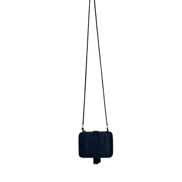 Jessica McClintock Black Satin Box‎ Clutch Purse Tassel & Rope Strap Evening Bag - Image 3
