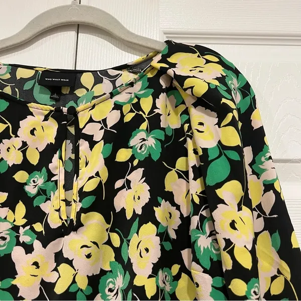 WHO WHAT WEAR Balloon Long Sleeve Keyhole Top‎ Black Green Floral Womens Large - Image 3