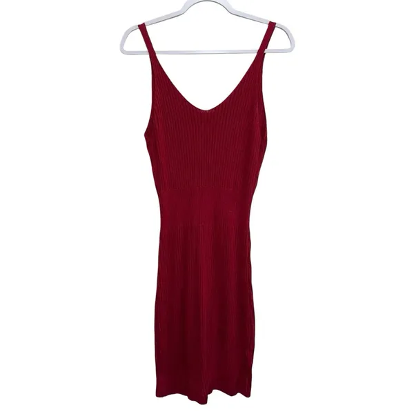 Red Ribbed Knit‎ Bodycon Sweater Dress Sleeveless Large - Image 2
