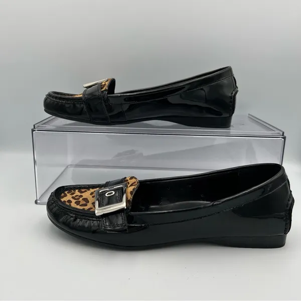 Franco Sarto Shiloh Women’s Size 8 Black Patent Leather Leopard Loafers New - Image 4