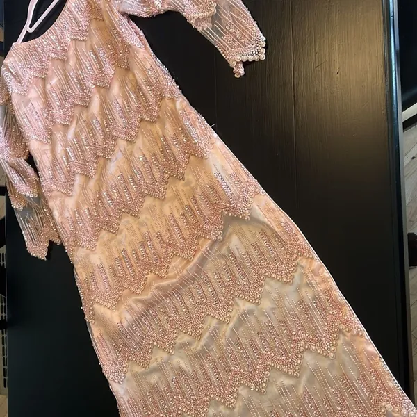 Peach Pink Beaded Sequin‎ High Low Formal Dress Long Sleeve Pearl Detail Gown - Image 10