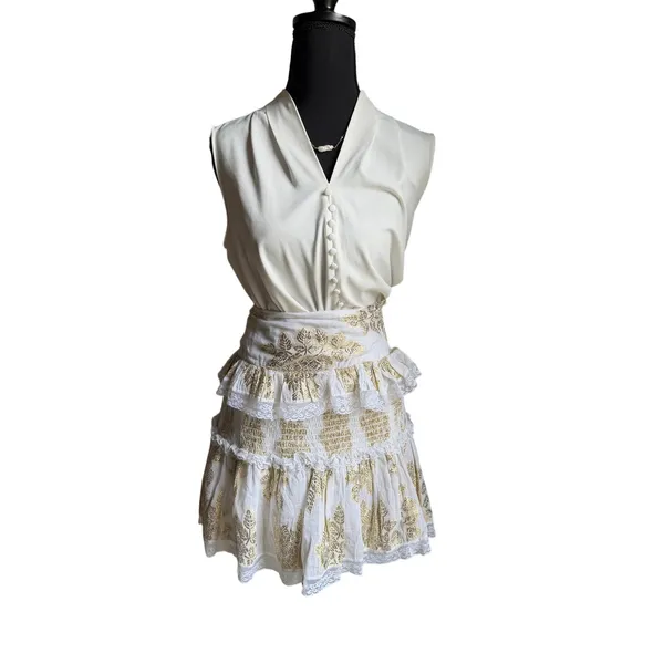 Cotton Mini Skirt Boho White Gold Lurex Smocked Romantic Size L Chloe Laetitia - Image 4