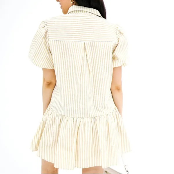 In the Beginning Tan and White Stripped Mini Cotton Dress Marissa Button Down - Image 2