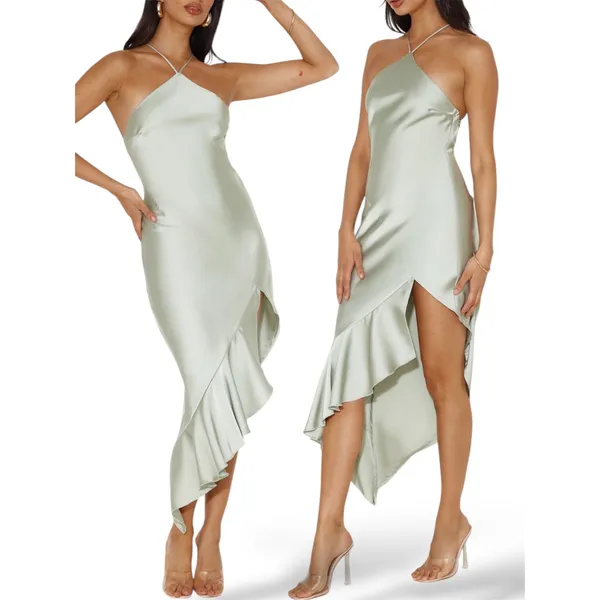 Hello Molly Sage Green Satin Halter Ruffle High Low Midi Dress Womens Size 10 - Image 2