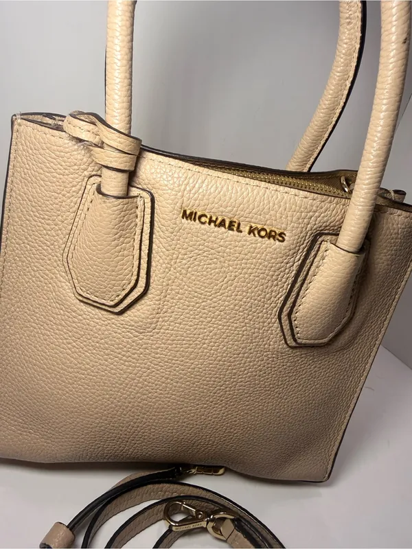 Michael Kors Mercer Small Pebbled Leather Satchel Crossbody Beige Gold - Image 14