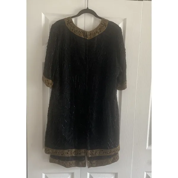 Brilliante by J.A. Vintage Beaded Shift Dress Womens L Black Gold Evening Silk L - Image 7