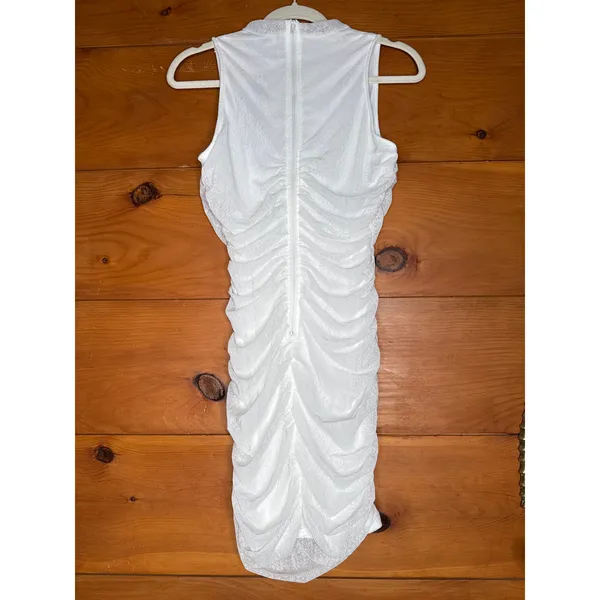 NWT Lulus Modern Movement White Mesh Ruched Mock Neck Mini Dress Bodycon Size M - Image 4