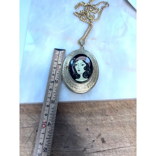 Vintage Art Deco Gold-Tone Oval Locket Necklace With Painted Lady Portrait - Image 5