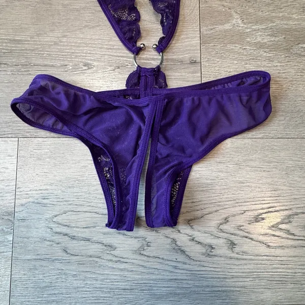 Avidlove Purple Lace Mesh Halter Teddy Bodysuit O-Ring‎ Detail Small - Image 6
