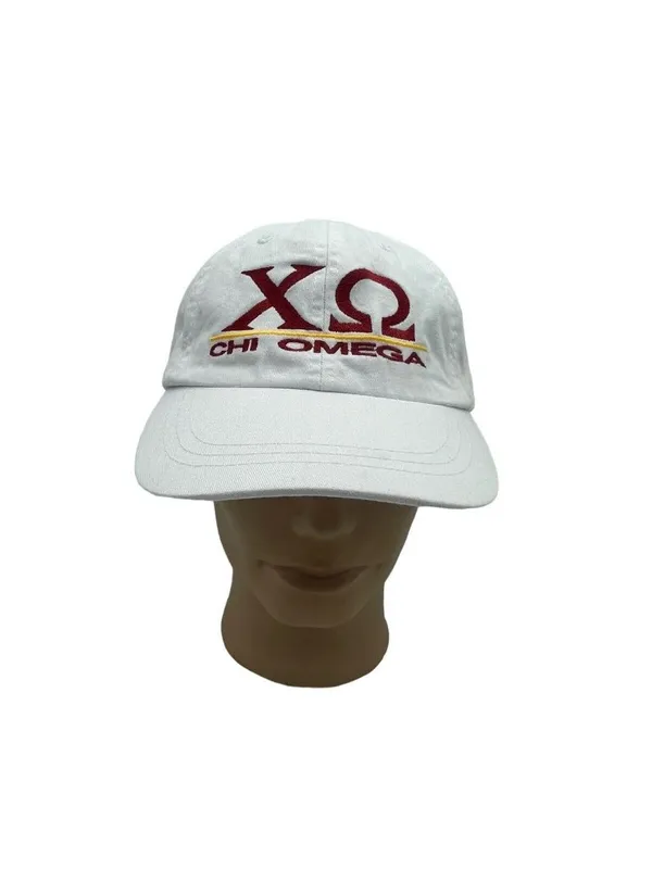 Chi Omega White Hat Baseball Cap Sorority Womens Greek Letters Embroidered Adams - Image 3