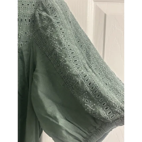 Old Navy Sz M Puff-Sleeve Tiered Embroidered Mini Swing Mini Dress Green Boho - Image 3