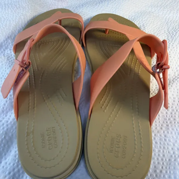 Crocs Tulum Toe Post Thong Womens Sandals Orange/Beige Buckle Strap Size 9 - Image 4
