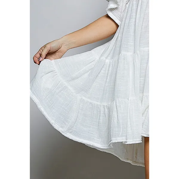 POL Cotton Ruffle Shirred V-Neck Short Sleeve Dress - Ivory - Medium - Image 6