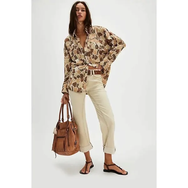 Free People Bohemian Camouflage Camo Oversized Hidden Valley Shirt Neutral Large - Image 2