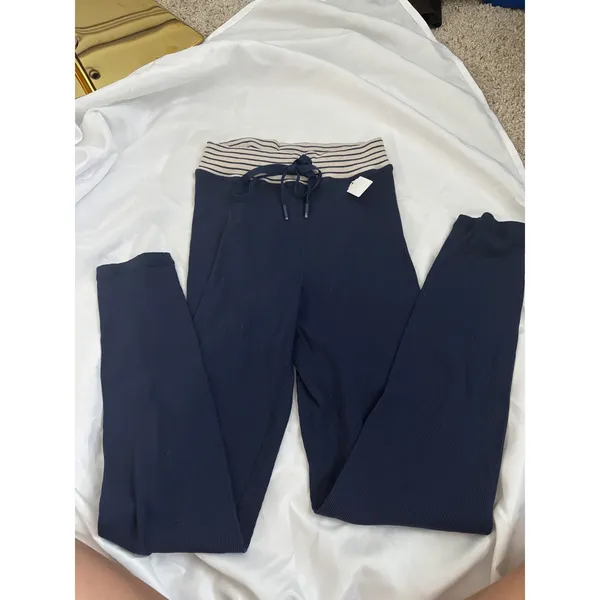 Aerie Navy Blue Ribbed Knit Leggings Striped Waistband Drawstring Loungewear XS‎ - Image 2