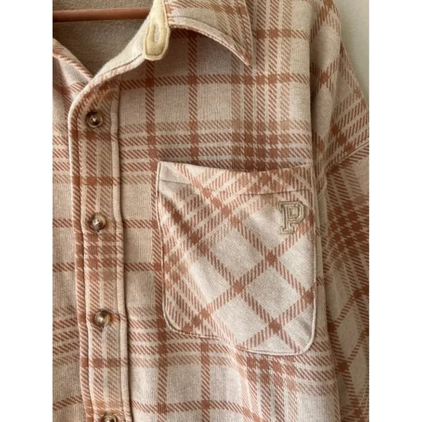 XL Victorias Secret PINK Womens Beige Plaid Flannel Shirt or Shacket Pocket - Image 5