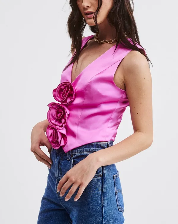 Blazer Top Satin Roses Pink Size M - Image 2