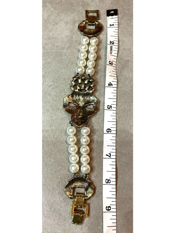 Vintage 90s Art Deco Style Multi Strand Faux Pearl Bracelet Crystal Rhinestone C - Image 7