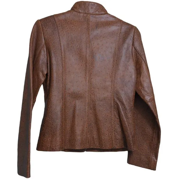 London Underground Moto Jacket Brown Animal Print Ostrich Leather Mandarin S - Image 4