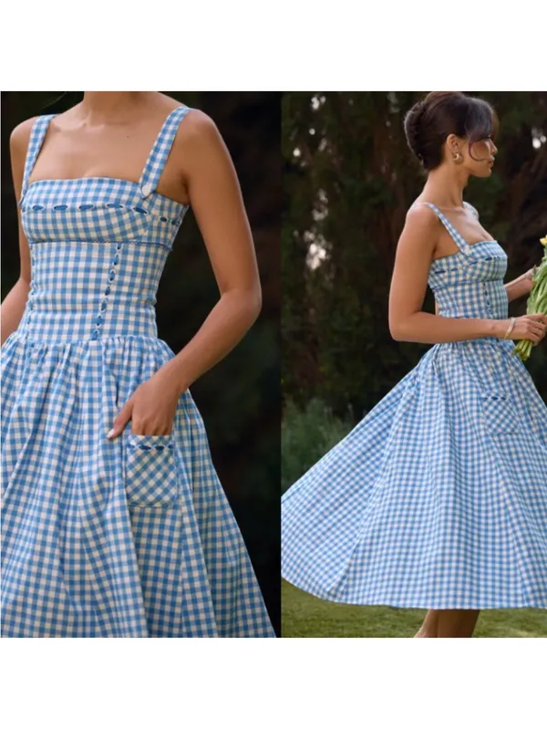 HOUSE OF CB 'Vivien' Regatta Blue Gingham Midi Sundress NEW - Image 6