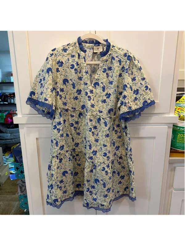 Tuckernuck Crawford Dress Bluebird Melody Linen Cotton Floral Lace Tiered XXL - Image 12