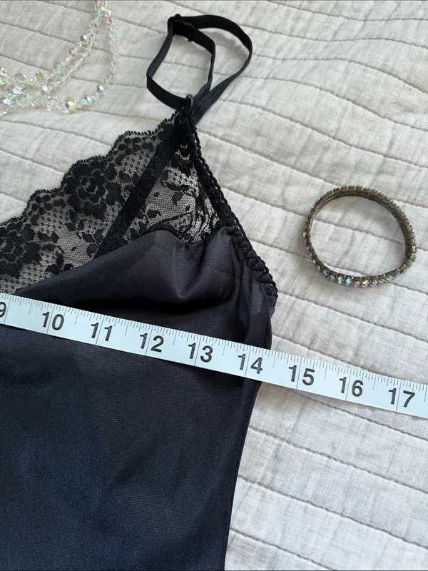 Bestform Vtg 80’s 36 black lace trim nylon lingerie bodysuit whimsy goth - Image 4