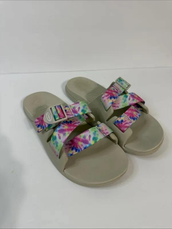 Chaco Neutral Footbed Slide Sandals with Pink, Green & Blue Tie-Dye Straps - Image 2