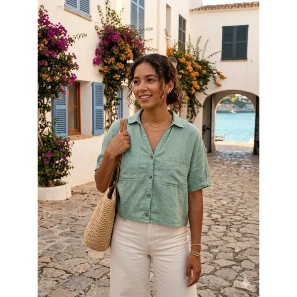 Pilcro Anthropologie Green Linen Blend Short Sleeve Button Up Cropped Shirt S - Image 2