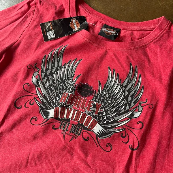 Vintage Y2K Women's Red Harley Davidson Angel Wing Rhinestone Design Biker Shirt - Image 2