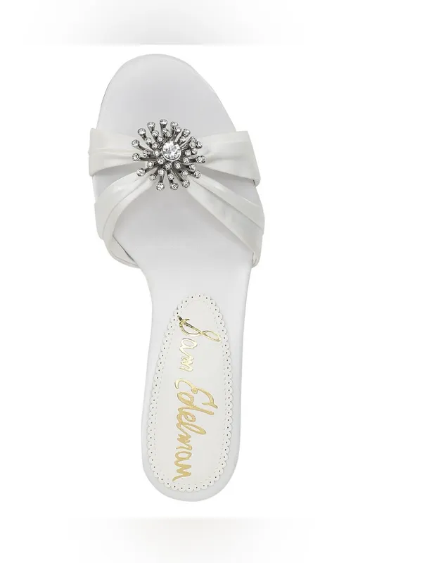 NWOB Sam Edelman White Satin Bridal Kitten Heel Slide with Crystal Brooch Size 6 - Image 3