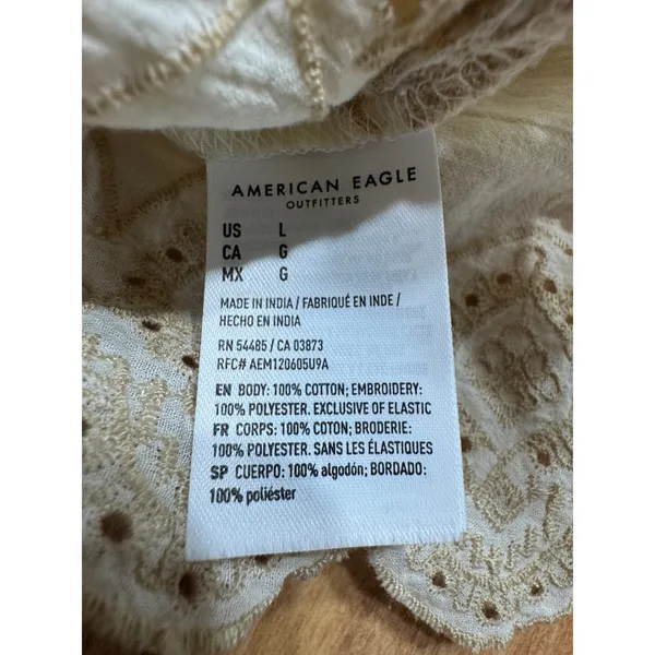 American Eagle‎ Cream Smocked Eyelet Peplum Top Long Sleeve Square Neck Large - Image 4