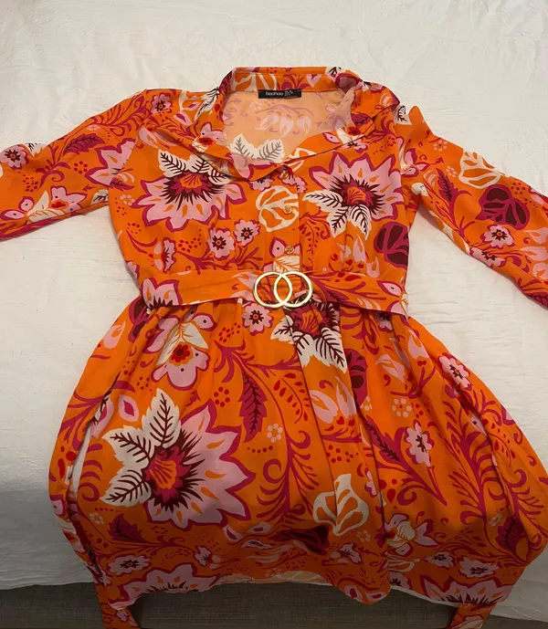 Boohoo Floral Print Belted Shirt Dress Hippie Vintage 70’s - Image 2