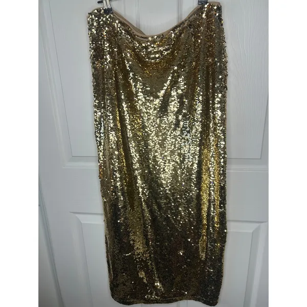 GB Skirt Sequin Pencil Midi XL Gold Side Slit Holiday Party - Image 3